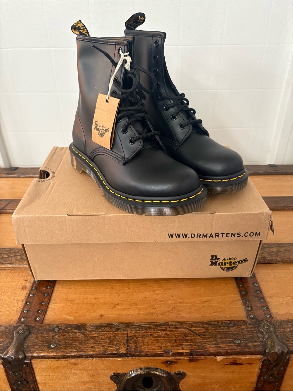 NWT NIB Dr. Martens Black Leather 1460 8-Eye Boots with Yellow Stitching